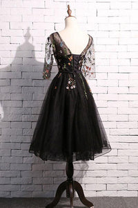 Elegant Lace Homecoming Dress Scoop A-line Embroidery Short Black Prom Dress Party Dress OHM177