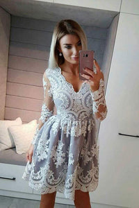Long Sleeve Homecoming Dresses V-neck A-line Lace Short Prom Dress Party Dress OHM145