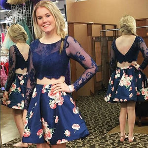 Two Piece Homecoming Dresses Floral Print Long Sleeve Short Prom Dress Party Dress OHM153