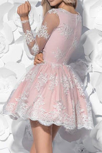 Long Sleeve Beautiful Homecoming Dresses Lace V-neck Short Prom Dress Party Dress OHM155