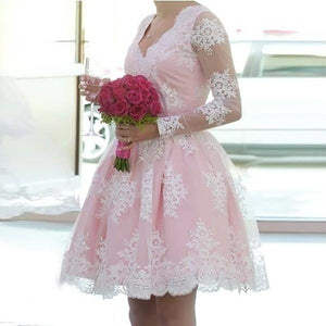 Long Sleeve Beautiful Homecoming Dresses Lace V-neck Short Prom Dress Party Dress OHM155