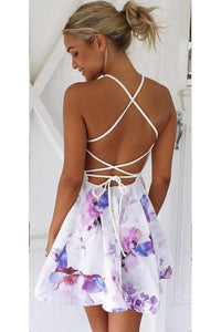 Open Back Homecoming Dresses Floral Print Aline Short Prom Dress Sexy Party Dress OHM139