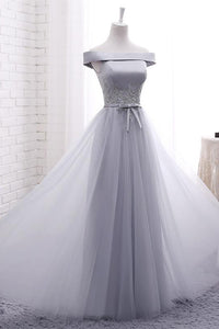 Elegant A Line Off-the-shoulder Lace-up Sleeveless Appliques Long Tulle Bridesmaid Dresses OHS114 | Cathyprom