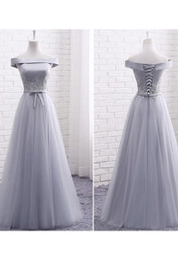 Elegant A Line Off-the-shoulder Lace-up Sleeveless Appliques Long Tulle Bridesmaid Dresses OHS114 | Cathyprom