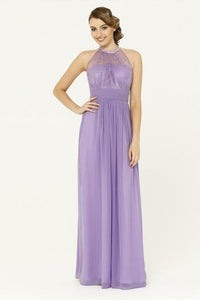 Chic Sexy A Line Halter Floor Length Sleeveless Long Chiffon Bridesmaid Dresses with Lace Applique OHS106 | Cathyprom