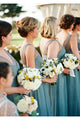 Cheap Simple A Line V-neck Floor Length Sleeveless Long Tulle Bridesmaid Dresses with Ruffles OHS117 | Cathyprom