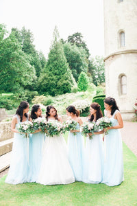A Line Sweetheart Floor Length Sleeveless Long Tulle Romantic Bridesmaid Dresses with Ruffles OHS129 | Cathyprom