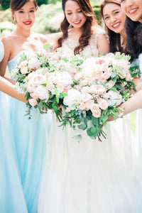 A Line Sweetheart Floor Length Sleeveless Long Tulle Romantic Bridesmaid Dresses with Ruffles OHS129 | Cathyprom