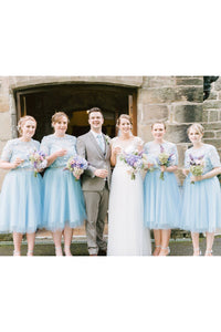 A-line Scoop Tea-length Short Sleeves 3D Flower Short Tulle Bridesmaid Dresses OHS119 | Cathyprom