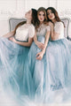 Two Piece A Line Scoop Lace Boho Simple Tulle Short Sleeves Bridesmaid Dresses OHS101 | Cathyprom