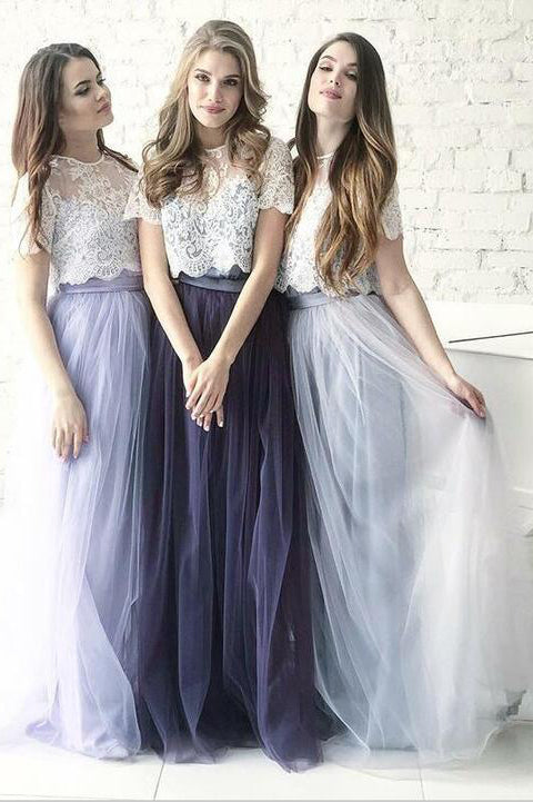 Two Piece A Line Scoop Lace Boho Simple Tulle Short Sleeves Bridesmaid cathyprom Two Piece A Line Scoop Lace Boho Simple Tulle Short Sleeves Bridesmaid cathyprom