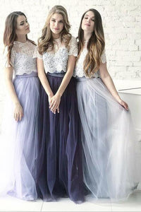 Two Piece A Line Scoop Lace Boho Simple Tulle Short Sleeves Bridesmaid Dresses OHS101 | Cathyprom
