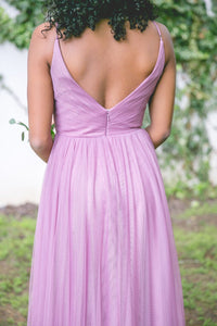 Cheap A Line Spaghetti Straps Floor Length Open Back Sleeveless Long Tulle Bridesmaid Dresses OHS111 | Cathyprom