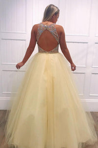 A-Line Sleeveless Open Back Tulle Beaded V-Neck Long Prom Dress OHC148 | Cathyprom