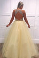 A-Line Sleeveless Open Back Tulle Beaded V-Neck Long Prom Dress OHC148 | Cathyprom