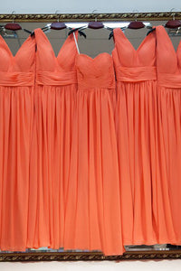 Charming A-line V-neck Floor Length Sleeveless Long Chiffon Bridesmaid Dresses with Ruffles OHS128 | Cathyprom