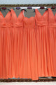 Charming A-line V-neck Floor Length Sleeveless Long Chiffon Bridesmaid Dresses with Ruffles OHS128 | Cathyprom