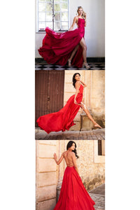 A Line Spaghetti Straps Floor Length Sleeveless Burgundy Slit Long Satin Prom Dresses OHC259 | Cathyprom
