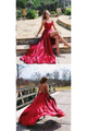 A Line Spaghetti Straps Floor Length Sleeveless Burgundy Slit Long Satin Prom Dresses OHC259 | Cathyprom