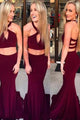 Two Piece Prom Dresses Trumpet Mermaid Sleeveless Burgundy Long Slit Cheap Prom Dress  OHC221 | Cathyprom