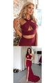 Two Piece Prom Dresses Trumpet Mermaid Sleeveless Burgundy Long Slit Cheap Prom Dress  OHC221 | Cathyprom