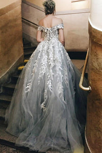 Beautiful A Line Off-the-shoulder Sweep Train Sleeveless Appliques Long Tulle Prom Dresses OHC227 | Cathyprom