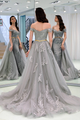 Beautiful Prom Dresses Sheath Off-the-shoulder Appliques Short Sleeves Grey Long Tulle Prom Dress OHC257 | Cathyprom
