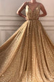 Sparkly A Line Spaghetti Straps Floor Length Sleeveless Gold Long Tulle Prom Dress OHC109 | Cathyprom