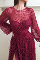 Sparkly A-line Long Sleeve Prom Dresses Long Burgundy Lace Beading Slit Tulle Prom Dress OHC256 | Cathyprom