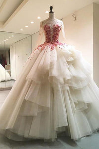 Ball Gown Long Sleeve Prom Dresses Scoop Floor-length Appliques Sleeveless Long Tulle Prom Dress OHC254 | Cathyprom