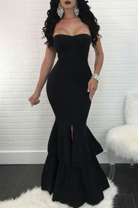 Trumpet/Mermaid Prom Dresses Sleeveless Long Satin Prom Dress Slit Sexy Evening Dress OHC253 | Cathyprom