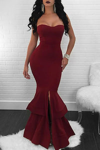 Trumpet/Mermaid Prom Dresses Sleeveless Long Satin Prom Dress Slit Sexy Evening Dress OHC253 | Cathyprom