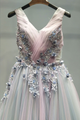 Beautiful A-line V-neck Sweep Train Sleeveless Appliques Beading Long Colorful Chic Tulle Prom Dresses  OHC252 | Cathyprom