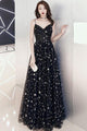 Chic A-line Spaghetti Strap Floor-length Sleeveless Star Lace Long Black Tulle Prom Dress OHC132 | Cathyprom
