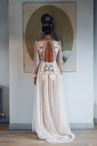Sparkly Chic A-line Scoop Sweep Train Long Sleeve Embroidery Long Open Back Tulle Prom Dress OHC191 | Cathyprom