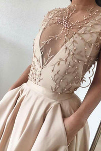 Chic Prom Dresses A Line Sweep Train Short Sleeves Pockets Embroidery Beading Long Satin Prom Dresses OHC318 | Cathyprom
