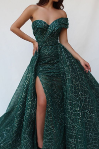 Sparkly One Shoulder Prom Dresses A Line Sweep Train Sleeveless Long Lace Prom Dress OHC314 | Cathyprom