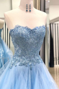 Chic Prom Dresses Sweetheart Sky Blue Ruffles Sleeveless Applique Lace Tulle Prom Dress Sexy Evening Dress OHC313 | Cathyprom