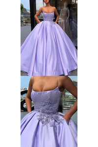 Luxury Prom Dresses Ball Gown Spaghetti Straps Sleeveless Appliques Beading Long Satin Prom Dress OHC246 | Cathyprom
