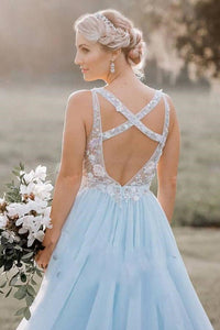 A Line V-neck Open Back Criss-Cross Straps Prom Dresses Sleeveless Long Tulle Embroidery Prom Dress OHC245 | Cathyprom