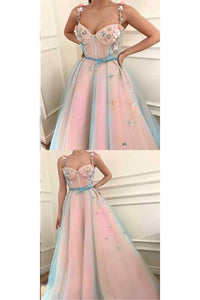Sparkly Prom Dresses A Line Sleeveless Hand-Made Flower Long Pink Tulle Prom Dress Fashion Evening Dress OHC244 | Cathyprom