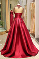 A Line High Neck Sweep Train Long Sleeves Burgundy Beading Long Satin Prom Dress Evening Dress  OHC123 | Cathyprom