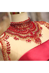A Line High Neck Sweep Train Long Sleeves Burgundy Beading Long Satin Prom Dress Evening Dress  OHC123 | Cathyprom