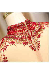 A Line High Neck Sweep Train Long Sleeves Burgundy Beading Long Satin Prom Dress Evening Dress  OHC123 | Cathyprom