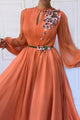 A-line High Neck Hand-Made Flowers Long Sleeves Long Chiffon Prom Dresses Long Evening Dress OHC243 | Cathyprom