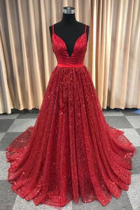 Gorgeous Sparkly A Line Spaghetti Straps Sweep Train Sleeveless Sequins Long Tulle Prom Dress OHC240 | Cathyprom