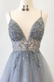 Sparkly A Line Spaghetti Straps Sweep Train Sleeveless Tulle Long Grey Prom Dress Evening Dress OHC110 | Cathyprom