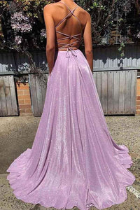 Sparkly Spaghetti Straps Sweep Train Sleeveless Criss-Cross Straps Lilac Long Tulle Prom Dress Evening Dress OHC111 | Cathyprom