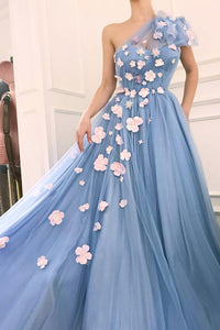 Cheap A Line One Shoulder Sleeveless Hand-Made Flower Long Tulle Prom Dress OHC236 | Cathyprom