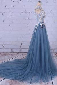 Beautiful A Line Scoop Sweep/Brush Train Sleeveless Flowers Appliques Long Tulle Prom Dress/Evening Dress OHC126 | Cathyprom